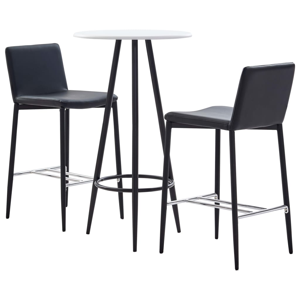 Set 3 piese mobilier de bar, masa cu 3 scaune, vidaXL, Piele ecologica/MDF/Otel, 60 x 107,5 cm, Negru/Alb