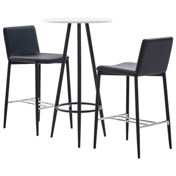 Set 3 piese mobilier de bar, masa cu 3 scaune, vidaXL, Piele ecologica/MDF/Otel, 60 x 107,5 cm, Negru/Alb Set 3 piese mobilier de bar, masa cu 3 scaune, vidaXL, Piele ecologica/MDF/Otel, 60 x 107,5 cm, Negru/Alb