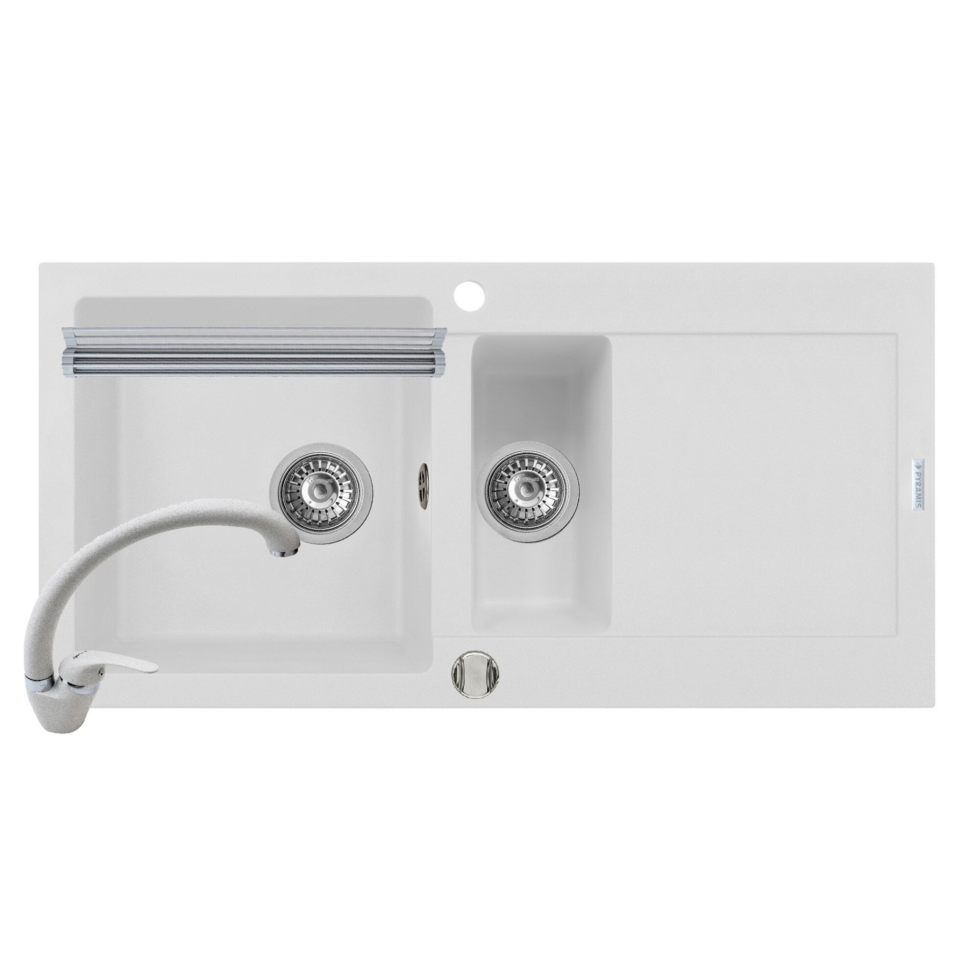 Pachet 3in1 chiuveta Pyramis Mido baterie si ROLL UP 1000x500mm 1 1/2 cuve reversibila adancime 200mm pipa inalta finisaj Pyragranite snow