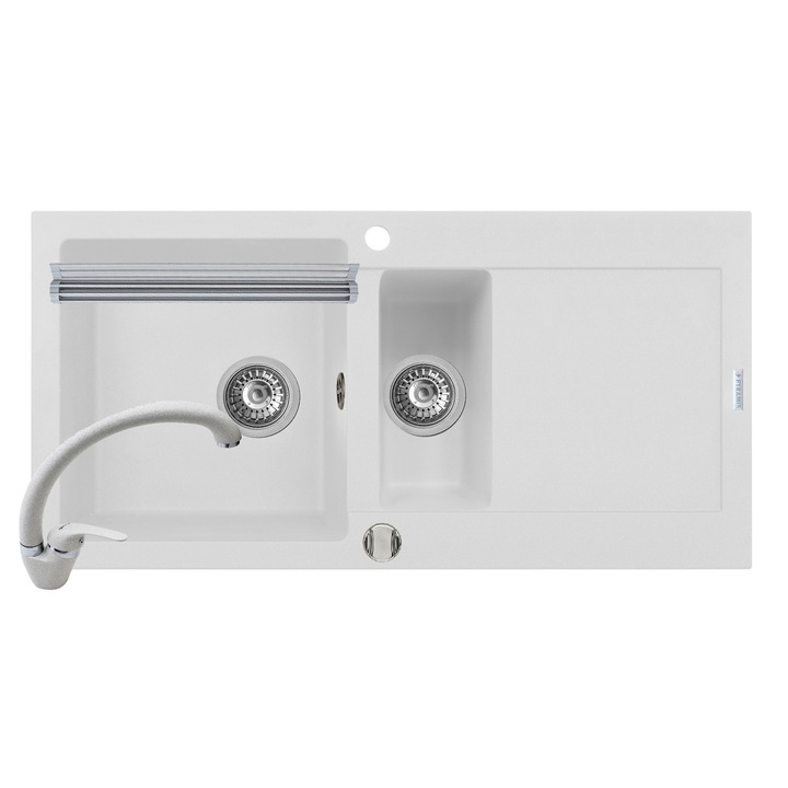 Pachet 3in1 chiuveta Pyramis Mido baterie si ROLL UP 1000x500mm 1 1/2 cuve reversibila adancime 200mm pipa inalta finisaj Pyragranite snow