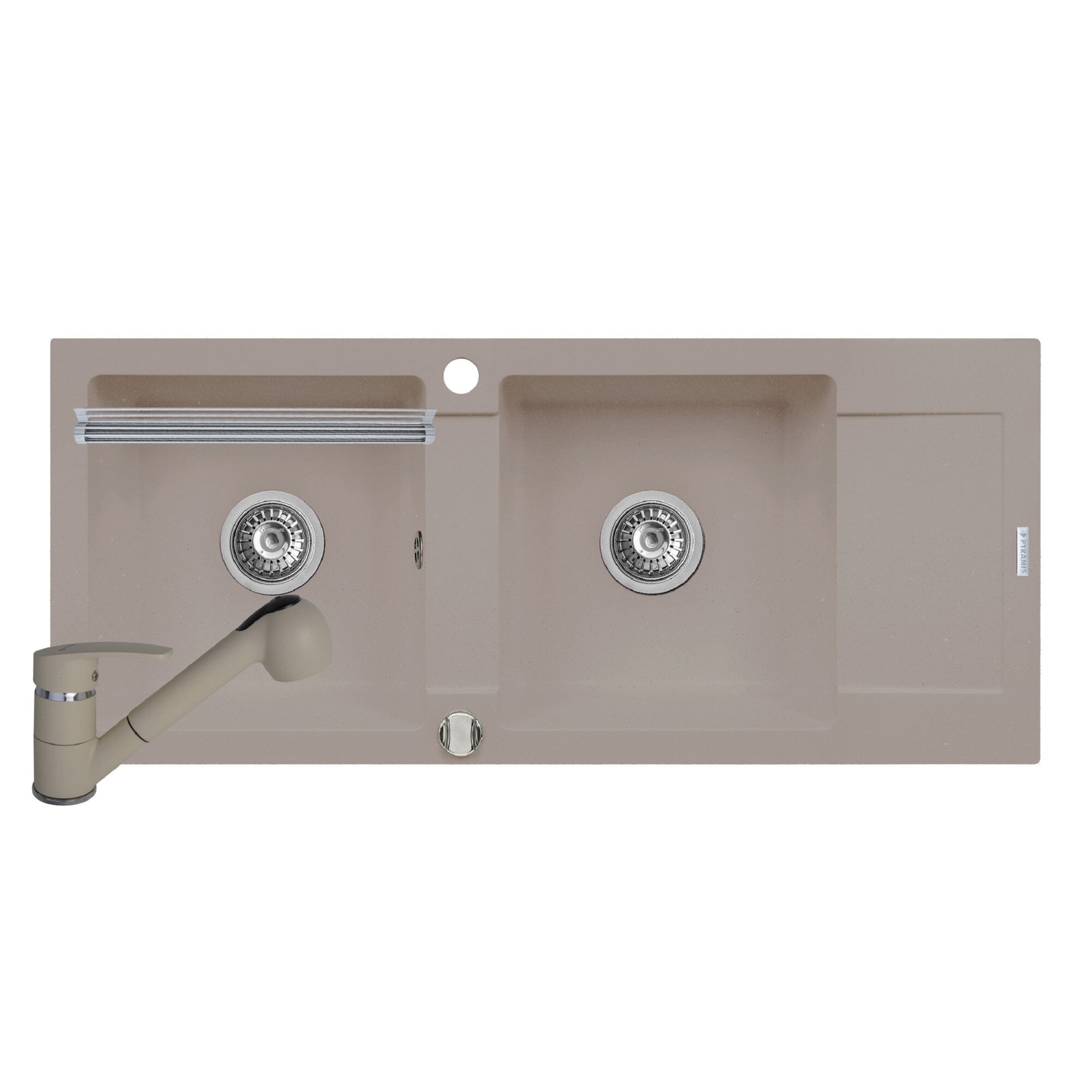 Pachet 3in1 chiuveta Pyramis Mido baterie si ROLL UP 1160x500mm 2 cuve reversibila adancime 200mm pipa cu dus finisaj Pyragranite bej