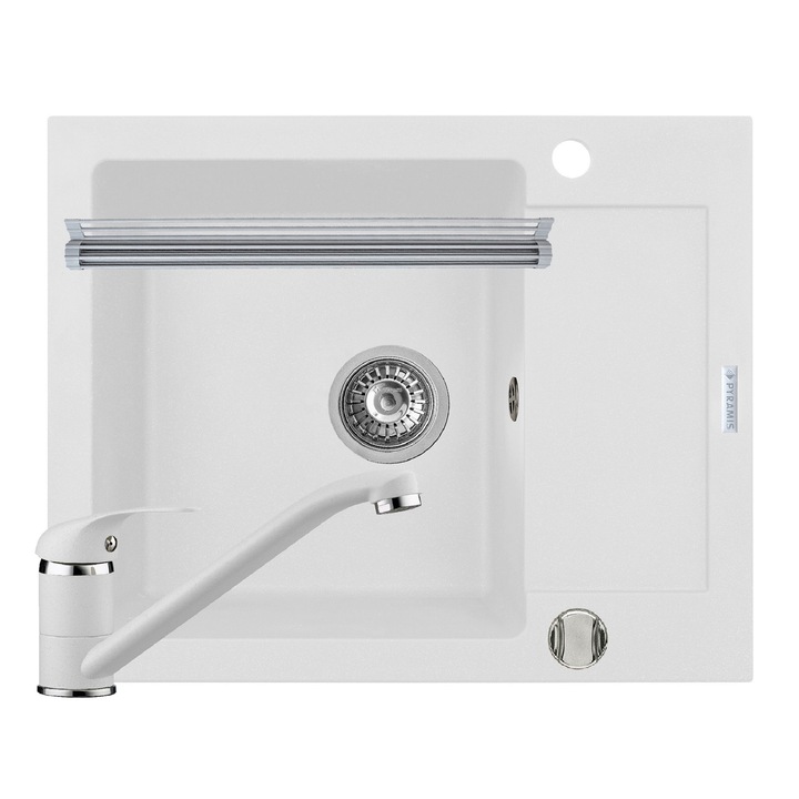 Pachet 3in1 chiuveta Pyramis Mido baterie si ROLL UP 620x500mm reversibila adancime 190mm pipa standard finisaj Pyragranite snow