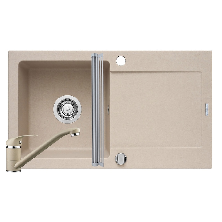 Pachet 3in1 chiuveta Pyramis Mido baterie si ROLL UP 760x440mm reversibila adancime 170mm pipa standard finisaj Pyragranite bej