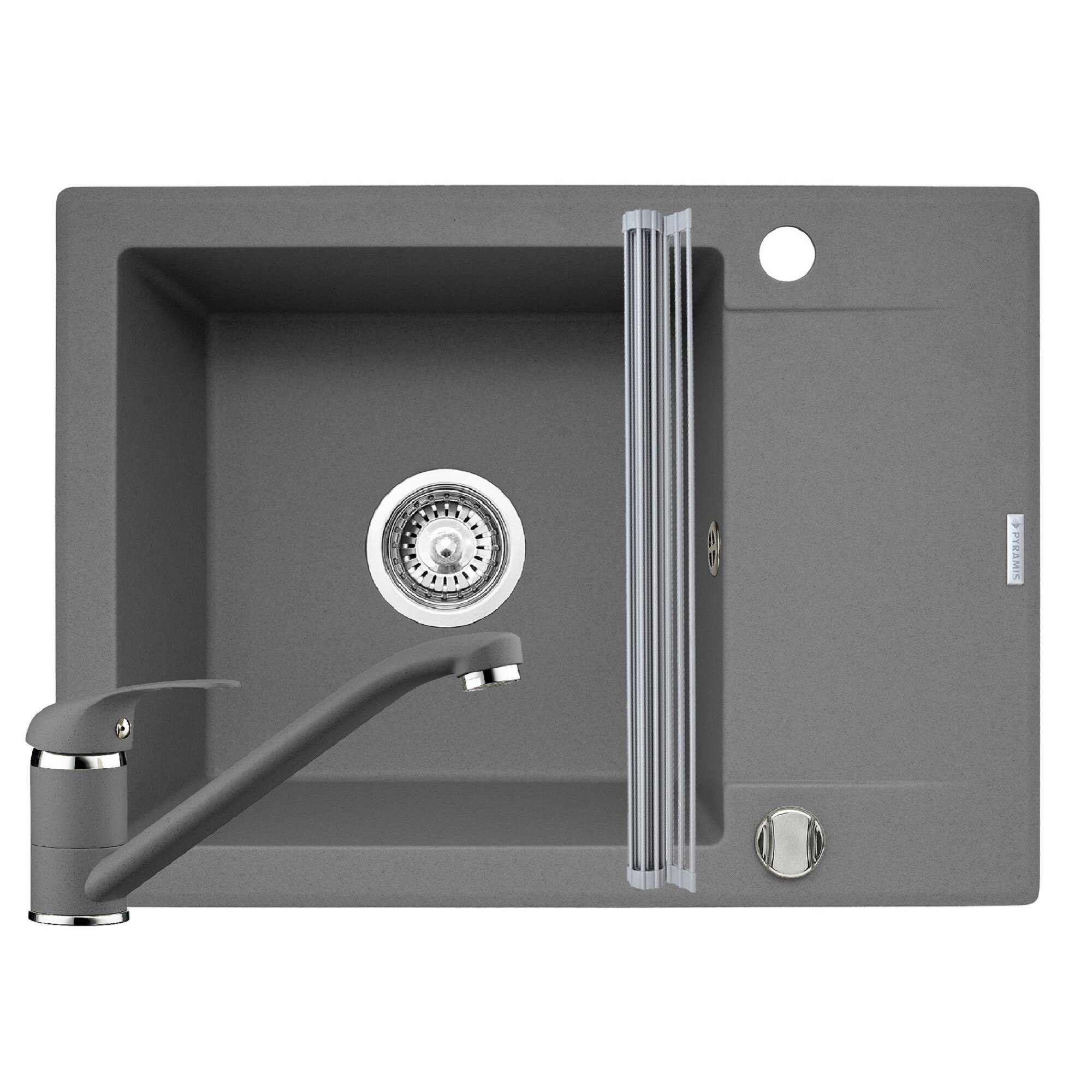 Pachet 3in1 chiuveta Pyramis Korfu baterie si ROLL UP 620x460mm reversibila adancime 185mm pipa standard finisaj Pyragranite gri