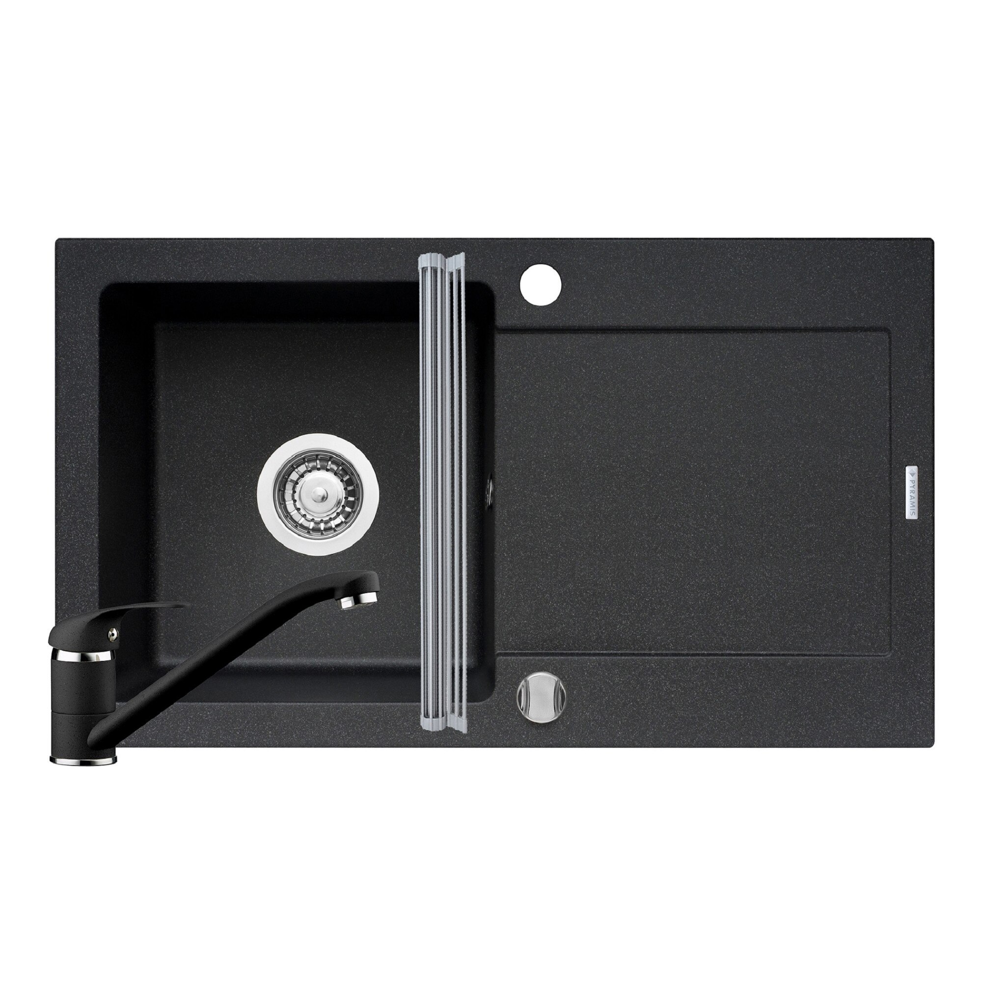 Pachet 3in1 chiuveta Pyramis Mido baterie si ROLL UP 760x440mm reversibila adancime 170mm pipa standard finisaj Pyragranite negru