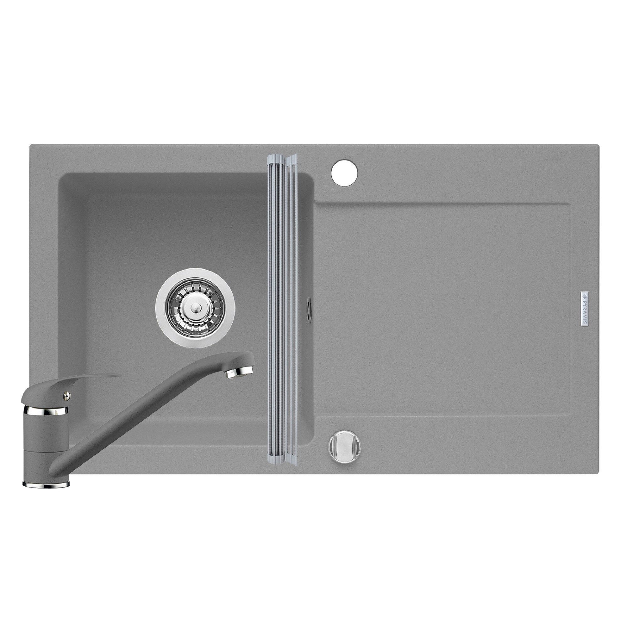 Pachet 3in1 chiuveta Pyramis Mido baterie si ROLL UP 760x440mm reversibila adancime 170mm pipa standard finisaj Pyragranite gri