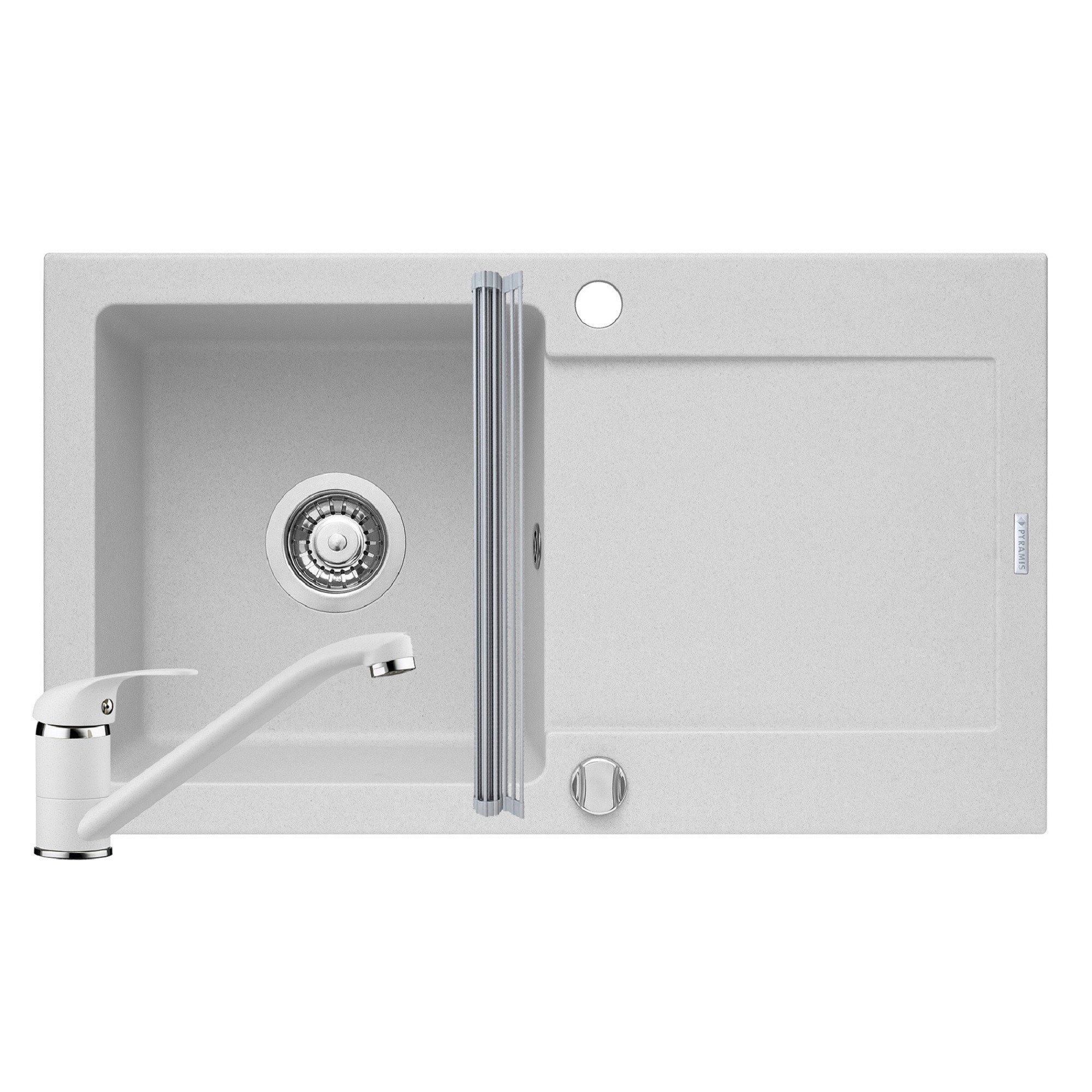 Pachet 3in1 chiuveta Pyramis Mido baterie si ROLL UP 760x440mm reversibila adancime 170mm pipa standard finisaj Pyragranite alb