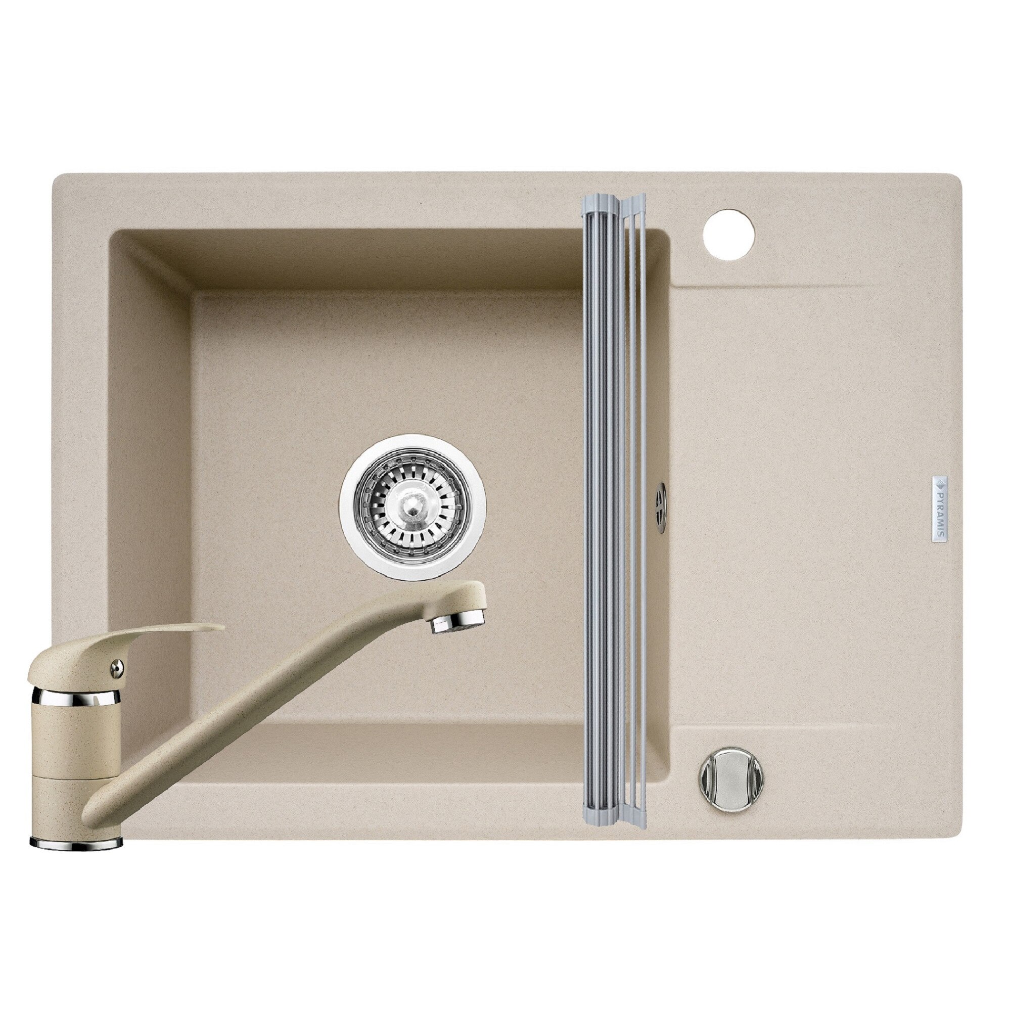 Pachet 3in1 chiuveta Pyramis Korfu baterie si ROLL UP 620x460mm reversibila adancime 185mm pipa standard finisaj Pyragranite bej