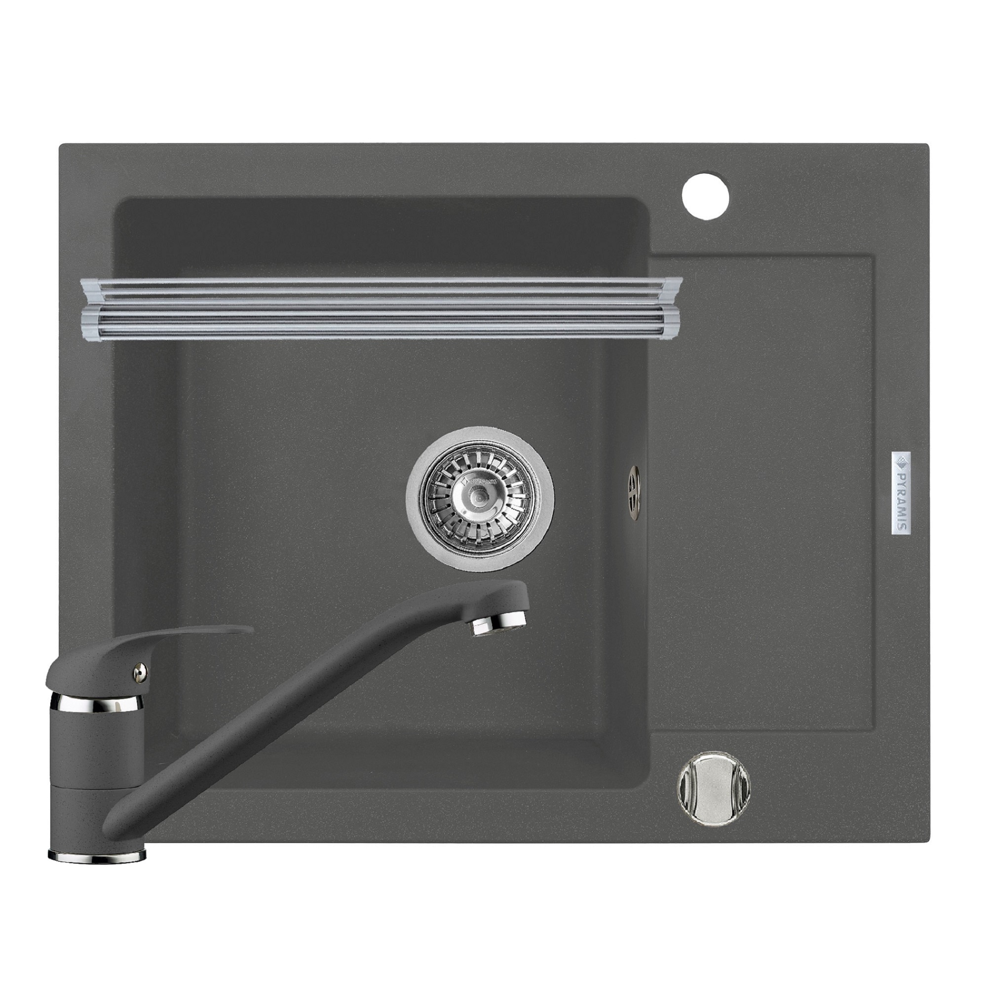 Pachet 3in1 chiuveta Pyramis Mido baterie si ROLL UP 620x500mm reversibila adancime 190mm pipa standard finisaj Pyragranite gri