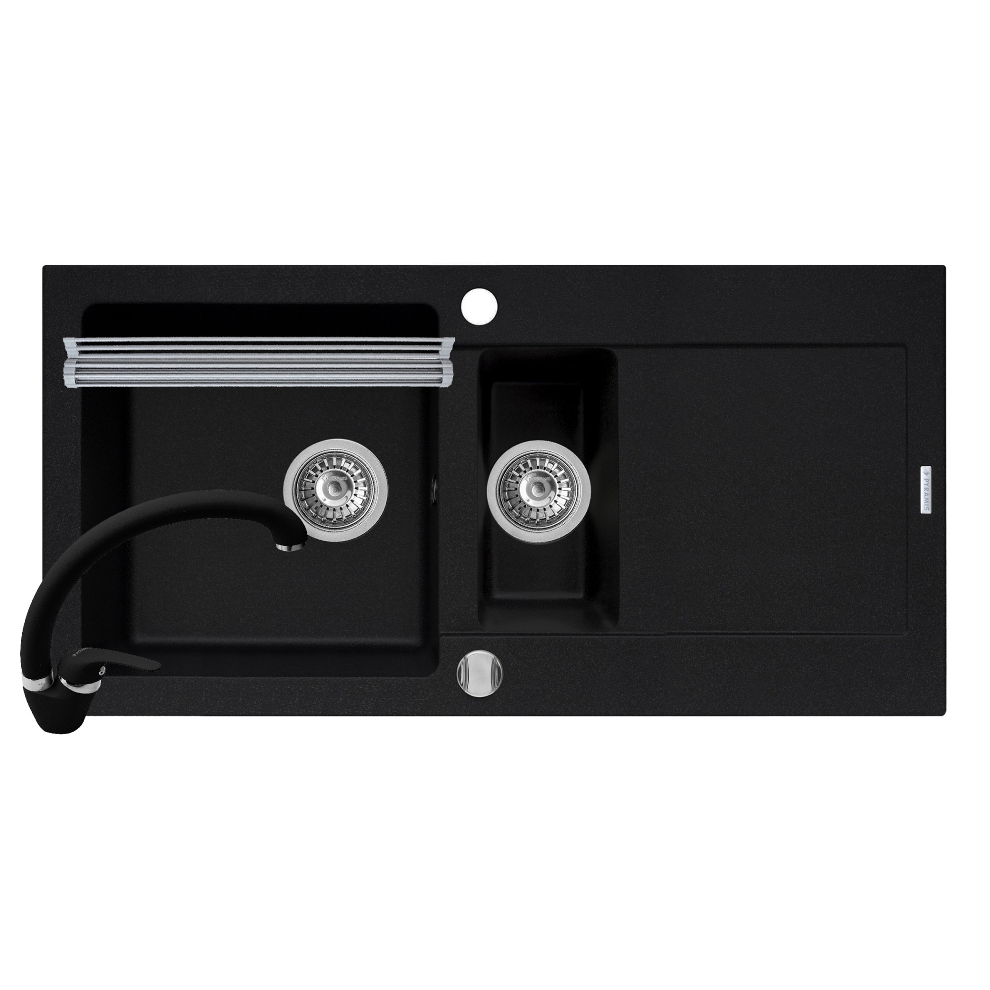 Pachet 3in1 chiuveta Pyramis Mido baterie si ROLL UP 1000x500mm 1 1/2 cuve reversibila adancime 200mm pipa inalta finisaj Pyragranite carbon