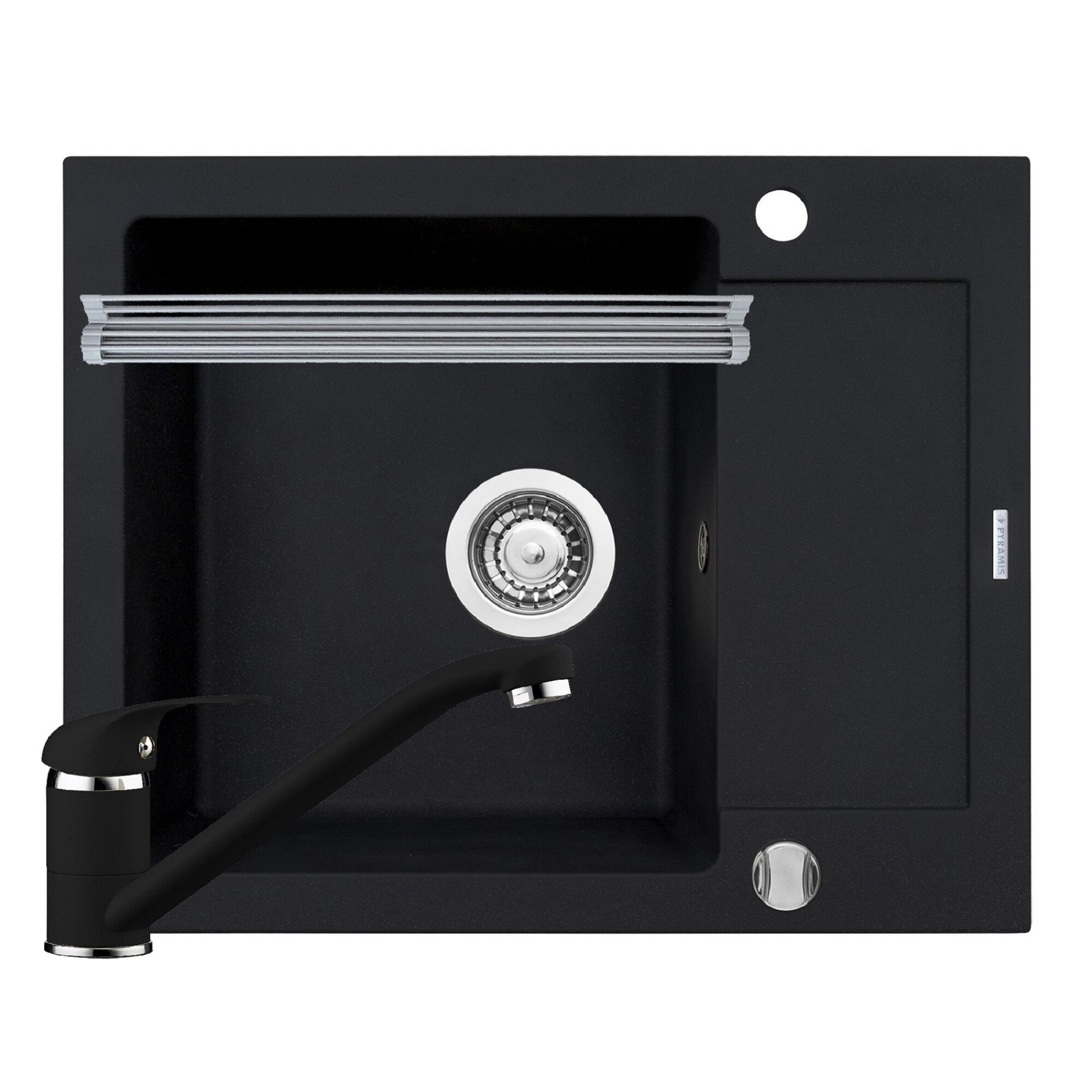 Pachet 3in1 chiuveta Pyramis Mido baterie si ROLL UP 620x500mm reversibila adancime 190mm pipa standard finisaj Pyragranite carbon