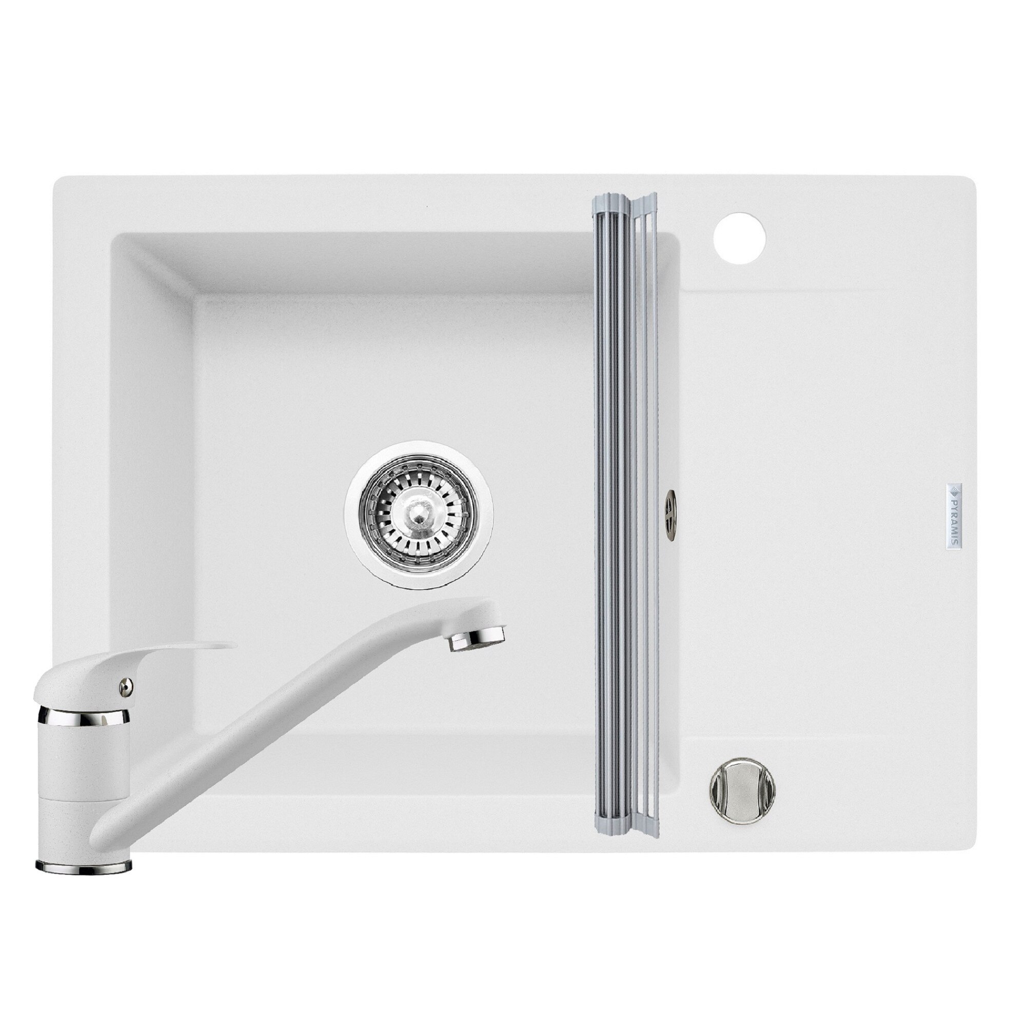 Pachet 3in1 chiuveta Pyramis Korfu baterie si ROLL UP 620x460mm reversibila adancime 185mm pipa standard finisaj Pyragranite snow