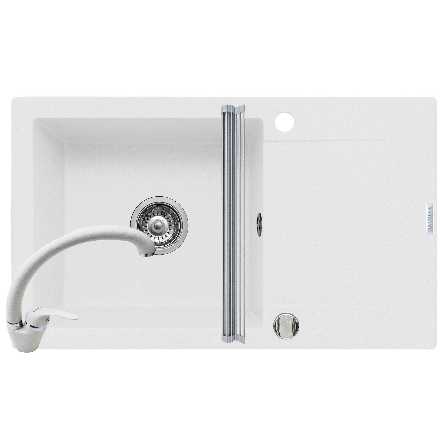 Pachet 3in1 chiuveta Pyramis Mido Plus baterie si ROLL UP 780x460mm reversibila adancime 190mm pipa inalta finisaj Pyragranite snow