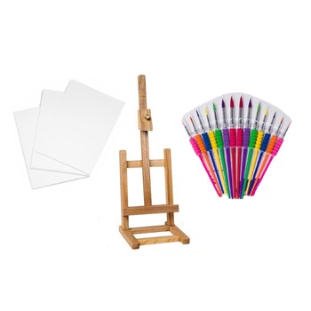 Set pictura format din Sevalet BOIS 41 cm, 3 x Panza canvas 30x40 cm, 14 pensule pictura cu varf rotund Set pictura format din Sevalet BOIS 41 cm, 3 x Panza canvas 30x40 cm, 14 pensule pictura cu varf rotund