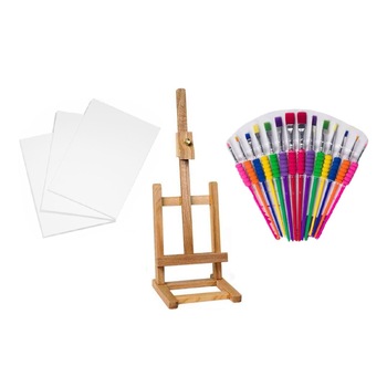 Set pictura format din Sevalet BOIS 41 cm, 3 x Panza canvas 30x40 cm, 14 pensule pictura cu varf plat Set pictura format din Sevalet BOIS 41 cm, 3 x Panza canvas 30x40 cm, 14 pensule pictura cu varf plat