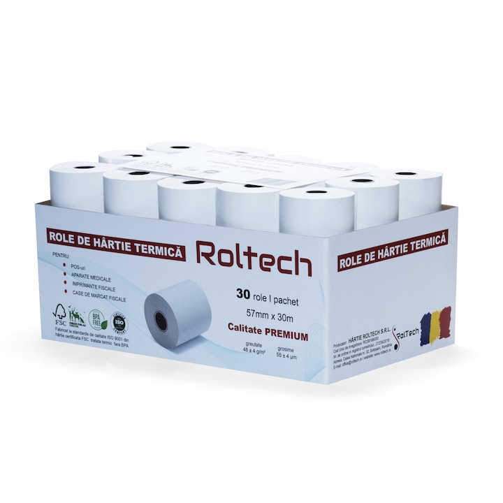 Bax 30 role hartie termica ROLTECH, 57mm x 30m, tub 12mm
