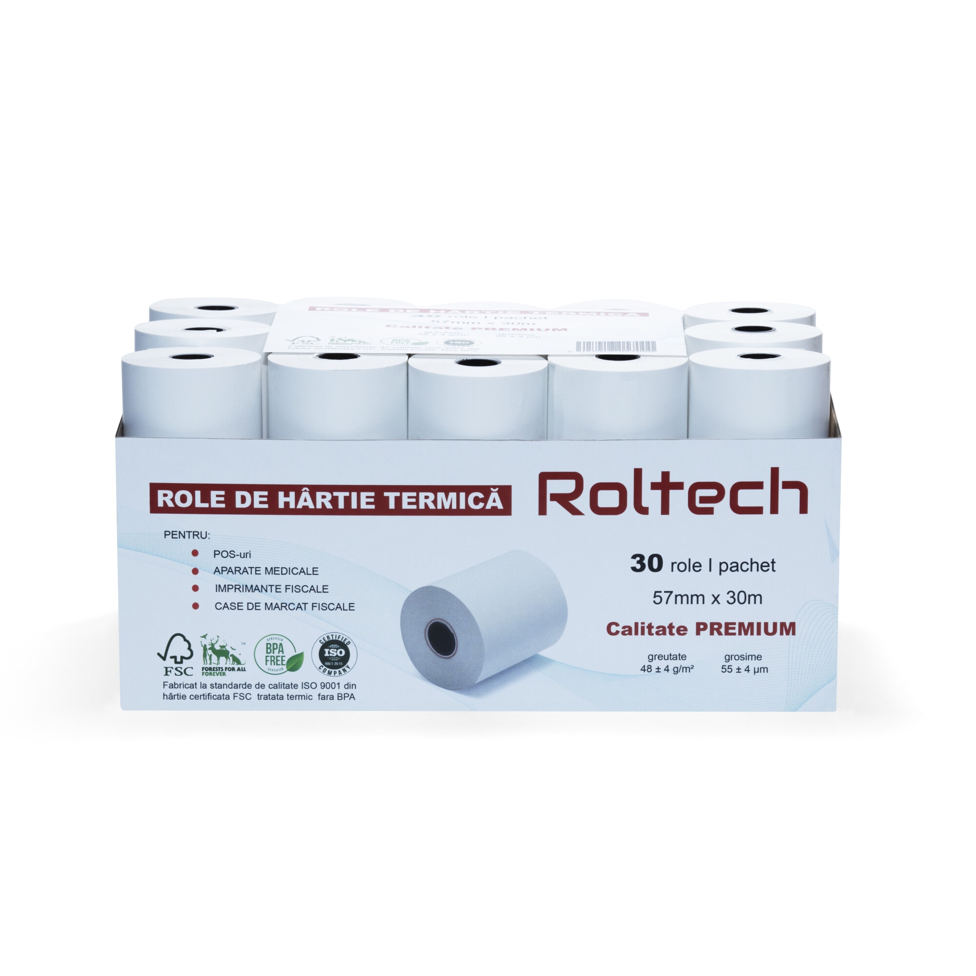 Bax 30 role hartie termica ROLTECH, 57mm x 30m, tub 12mm