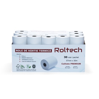 Bax 30 role hartie termica ROLTECH, 57mm x 30m, tub 12mm Bax 30 role hartie termica ROLTECH, 57mm x 30m, tub 12mm
