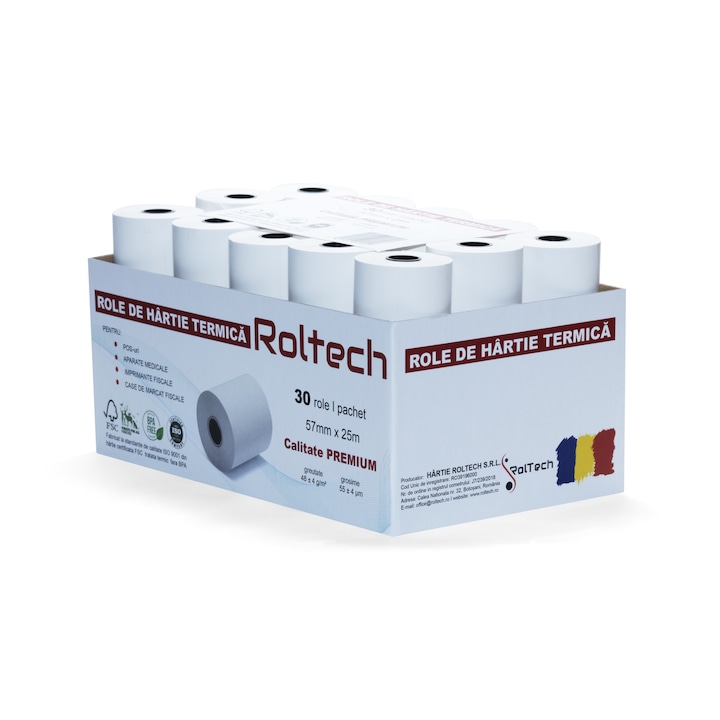 Bax 30 role hartie termica ROLTECH, 57mm x 25m, tub 12mm