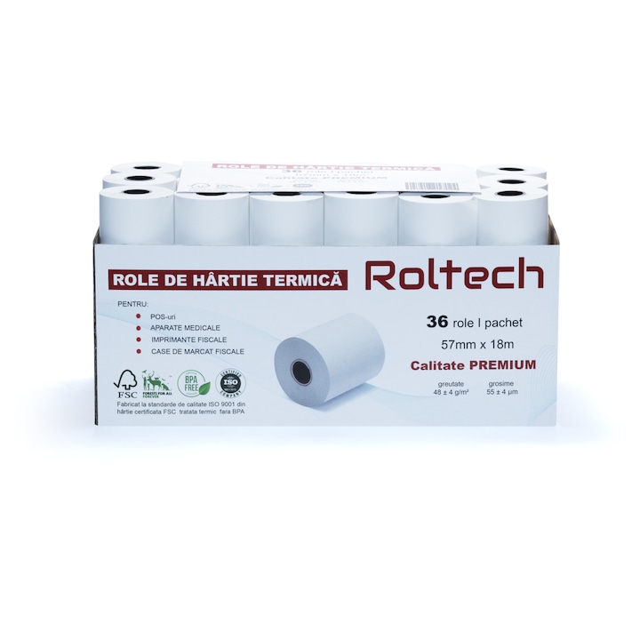 Bax 36 role hartie termica ROLTECH, 57mm x 18m, tub 12mm