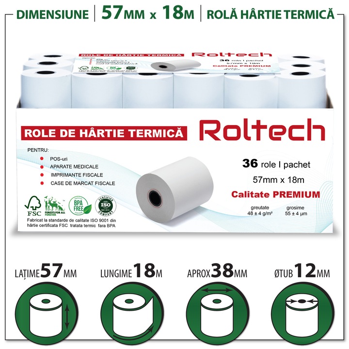 Bax 36 role hartie termica ROLTECH, 57mm x 18m, non-BPA