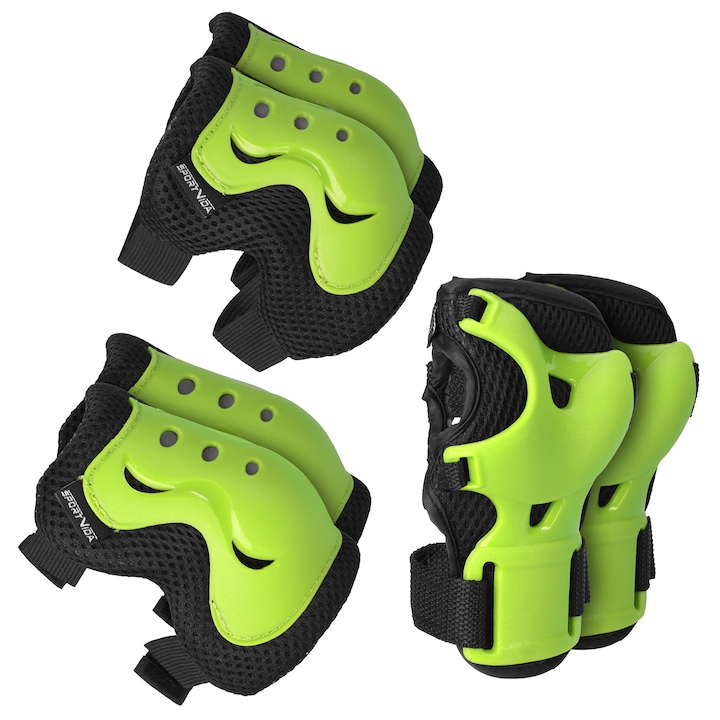 SportVida gyermekvédelmi készlet, Nylon és EVA hab, 2 térdvédő, 2 könyökvédő és 2 csuklóvédő, zöld/fekete, L