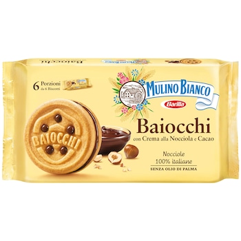 Biscuiti cu crema de cacao si alune de padure Mulino Bianco Baiocchi, 336g Biscuiti cu crema de cacao si alune de padure Mulino Bianco Baiocchi, 336g