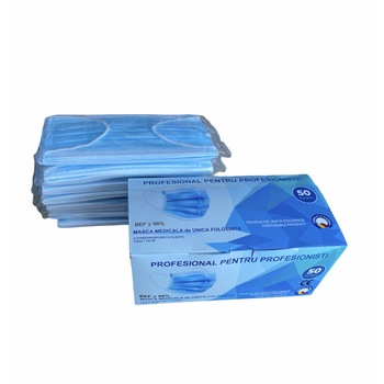 Set de 50 de masti medicale ambalate a cate 5 bucati in 3 straturi/3 pliuri cu elastic oval clasa 1 tip IIR Set de 50 de masti medicale ambalate a cate 5 bucati in 3 straturi/3 pliuri cu elastic oval clasa 1 tip IIR