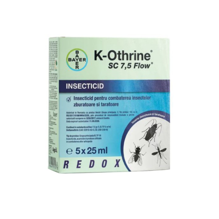 Insecticid lichid sub forma de suspensie concentrata, destinat combaterii insectelor zburatoare si taratoare K-Othrine SC 7.5 Flow, 5 fiole x 25 ml