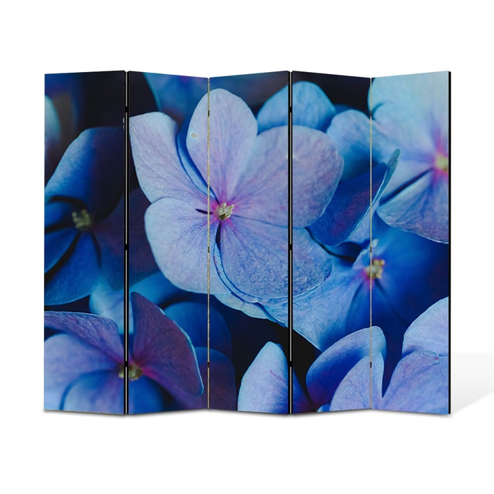 Paravan 5 piese Premium TrueColor, Art Star, Hortensie albastra fotografiata din apropiere, Flori, Panza pe cadru de lemn, Decoratiuni Moderne pentru Casa, 5 Panouri de 45x150, 225 x 150 cm