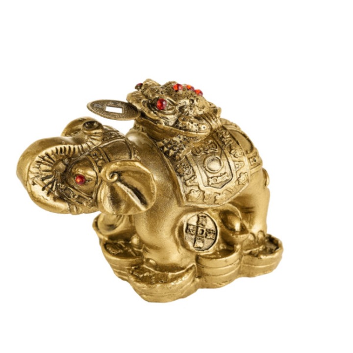 Elefant auriu cu trompa in sus si broasca banilor GOBI , amuleta Feng Shui pentru bogatie si indepartare de obstacole
