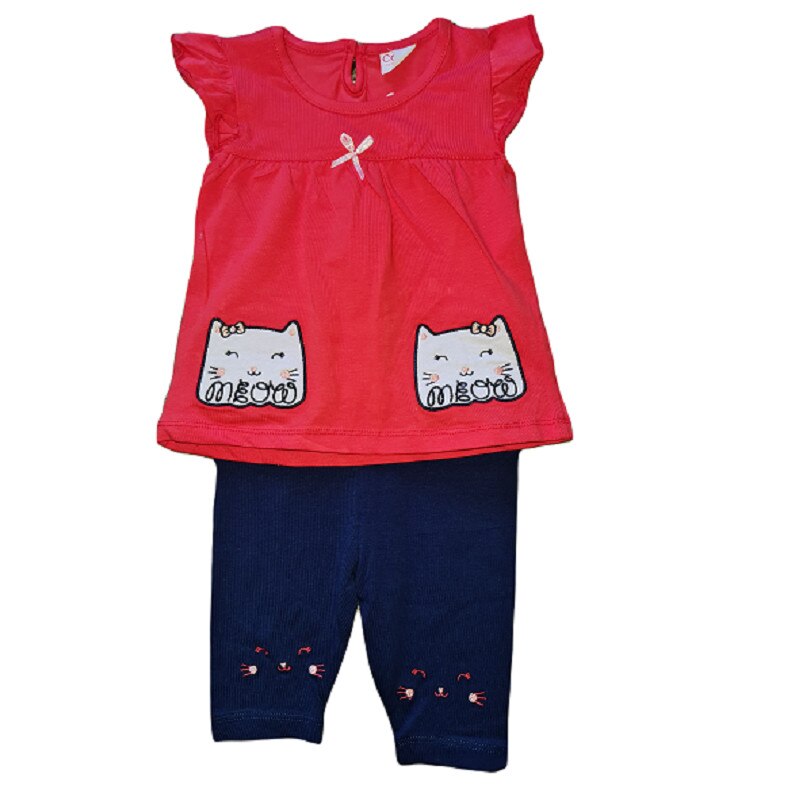 Compleu vara, rochita si colanti, 2 piese, 18-24 luni, Pisicuta, Rosu - Albastru, bumbac