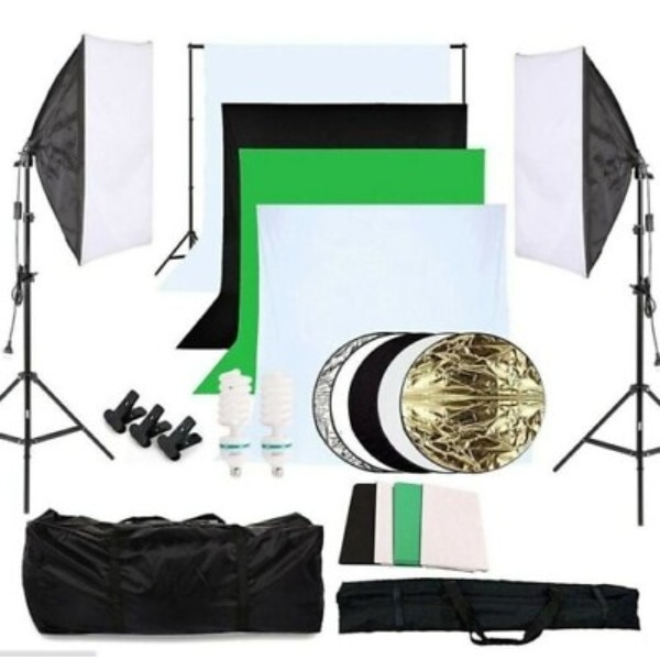 Set lumini pentru studio, Cu softbox, 4 fundaluri, reflectoare si geanta de transport, 2 x 135 W, 240 V, Multicolor