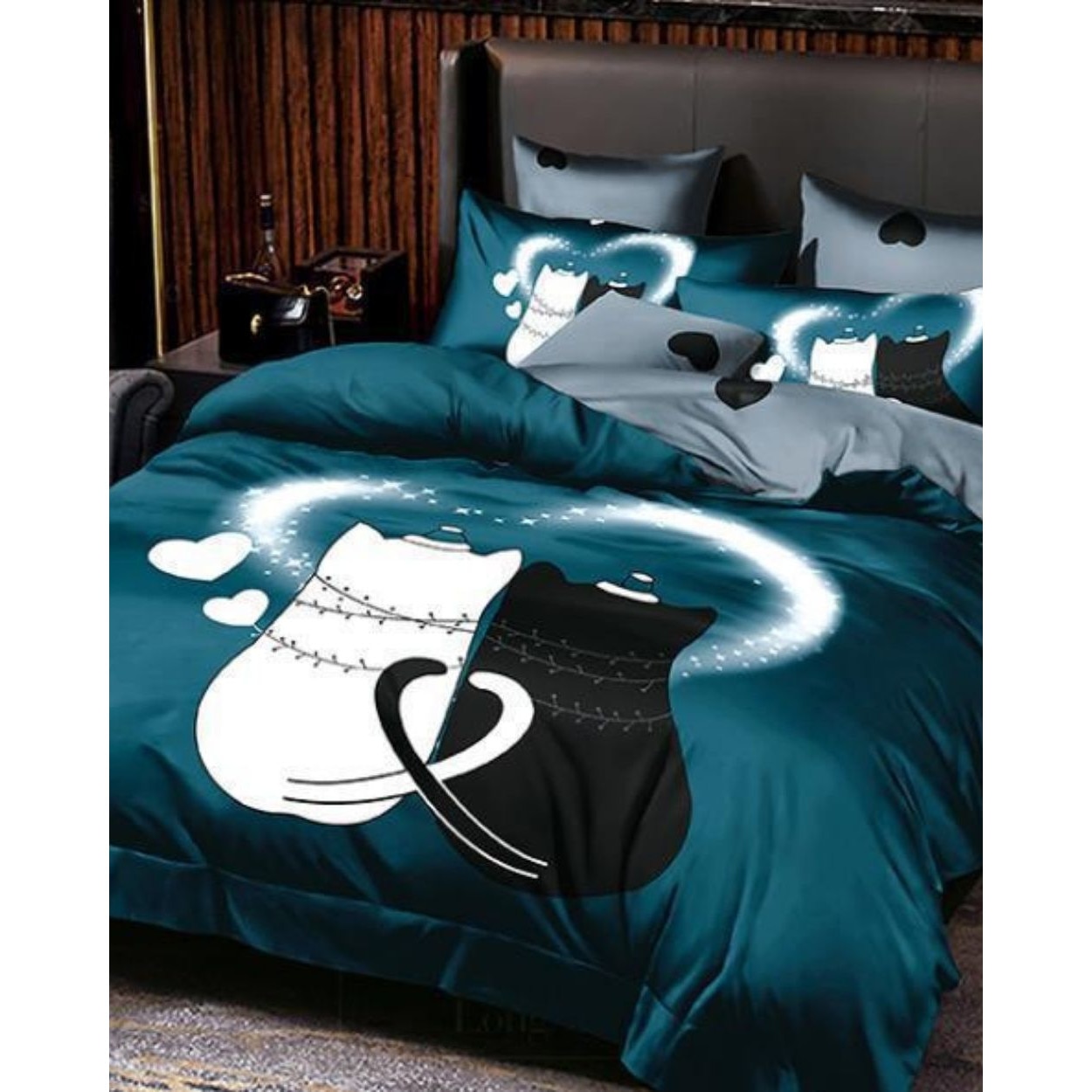 Set Lenjerie Finet Satinat Gros cu 2 Fete, 6 Piese, Pat 2 Persoane, Black & White Cats