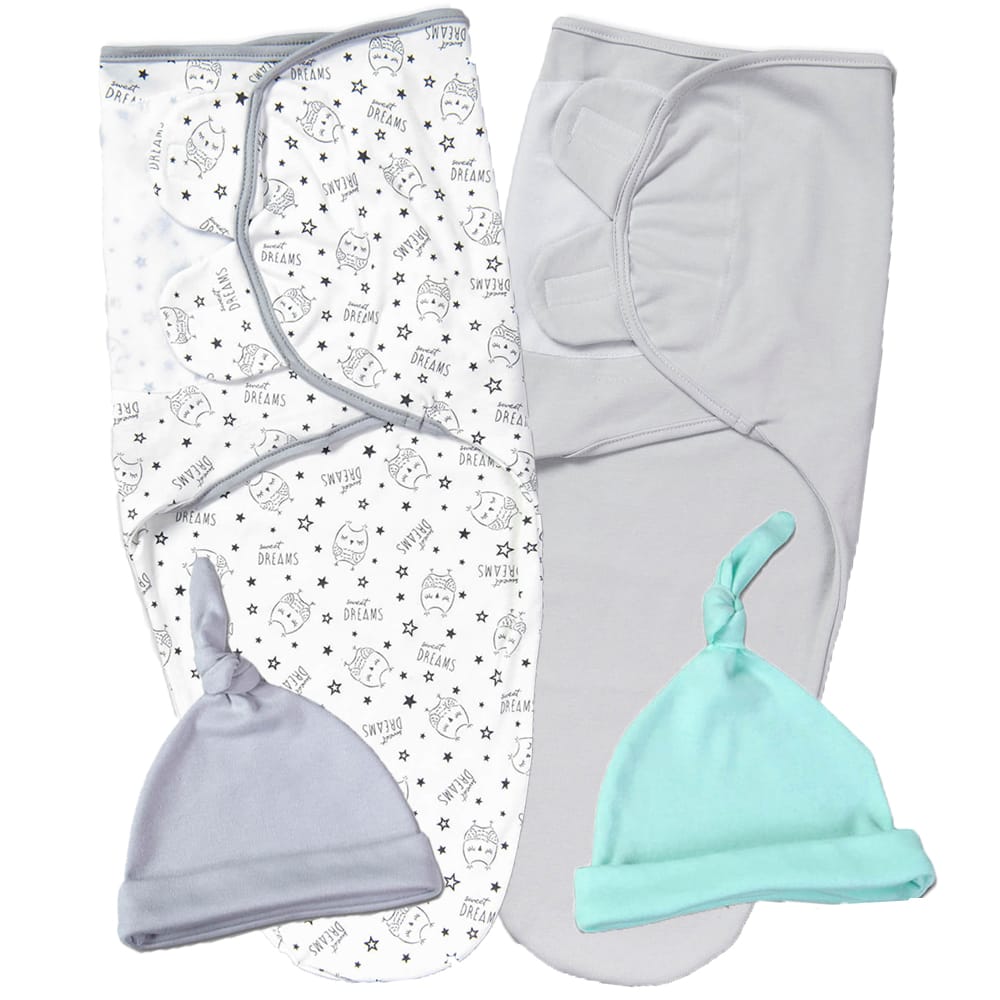 Set 2 sisteme de infasat reglabil din bumbac 0-3 luni Kidizi Owly, include caciulite
