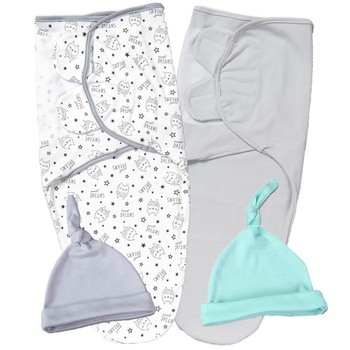 Set 2 sisteme de infasat reglabil din bumbac 0-3 luni Kidizi Owly, include caciulite Set 2 sisteme de infasat reglabil din bumbac 0-3 luni Kidizi Owly, include caciulite