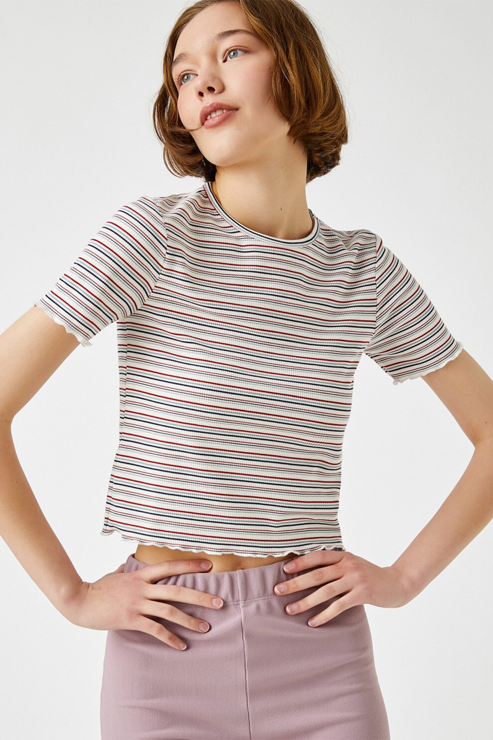 KOTON, Tricou cu model in dungi si aspect striat, Alb/Bleumarin/Rosu