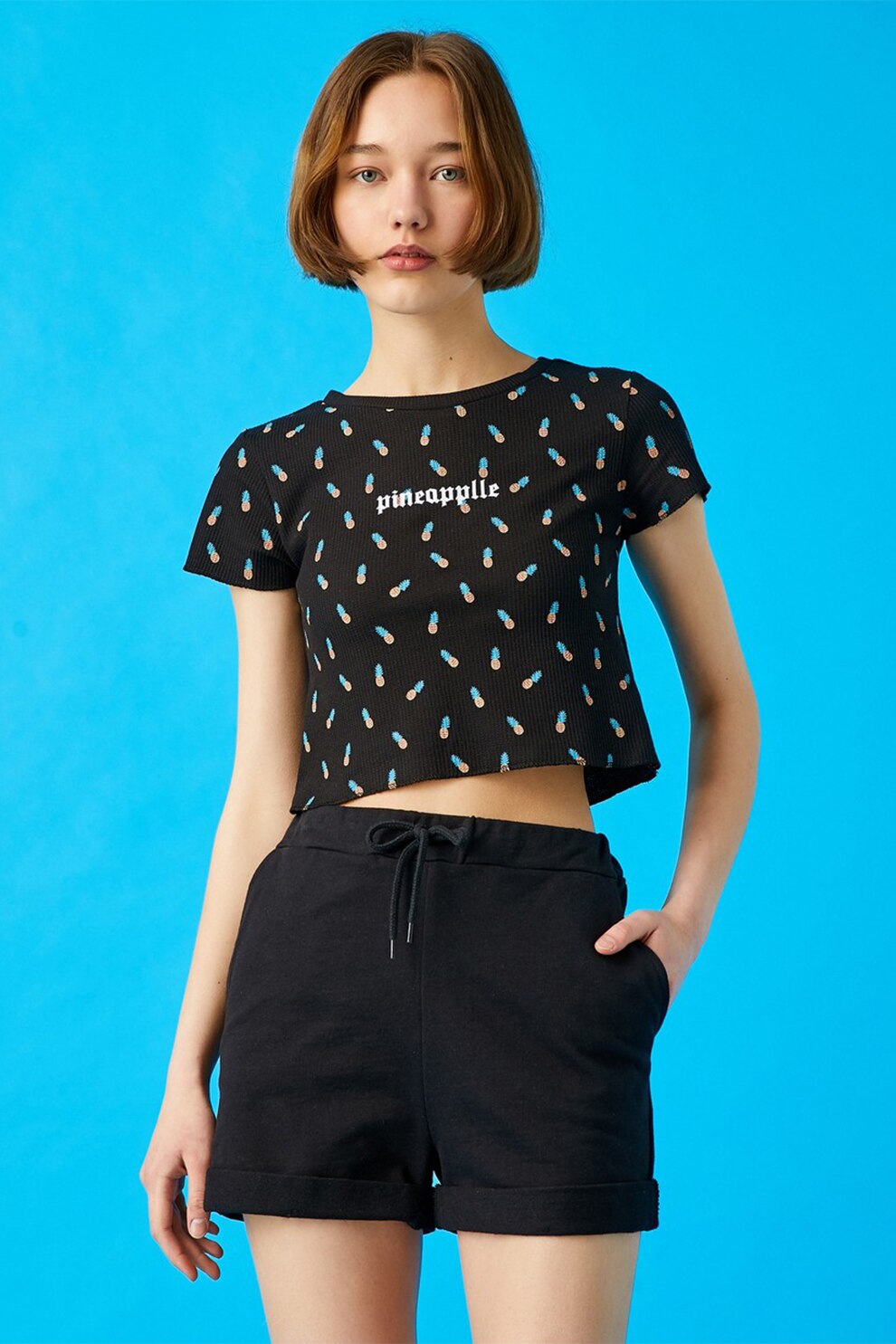 KOTON, Tricou crop striat cu imprimeu, Negru
