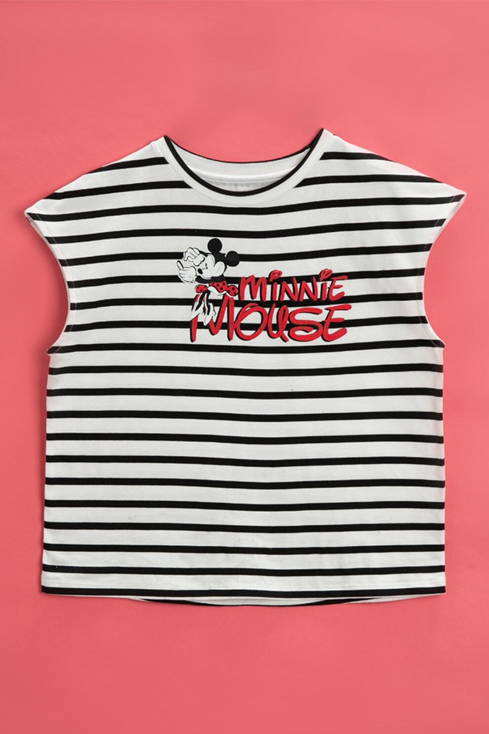 KOTON, Tricou cu decolteu la baza gatului si imprimeu cu Minnie Mouse, Alb/Negru/Rosu