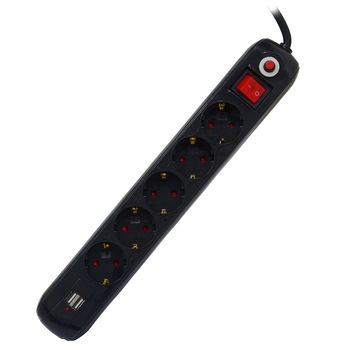 Prelungitor Spacer, Schuko x 5, conectare prin Schuko tata, USB x 2, cablu 4.5 m, 16 A, protectie supratensiune, Negru Prelungitor Spacer, Schuko x 5, conectare prin Schuko tata, USB x 2, cablu 4.5 m, 16 A, protectie supratensiune, Negru