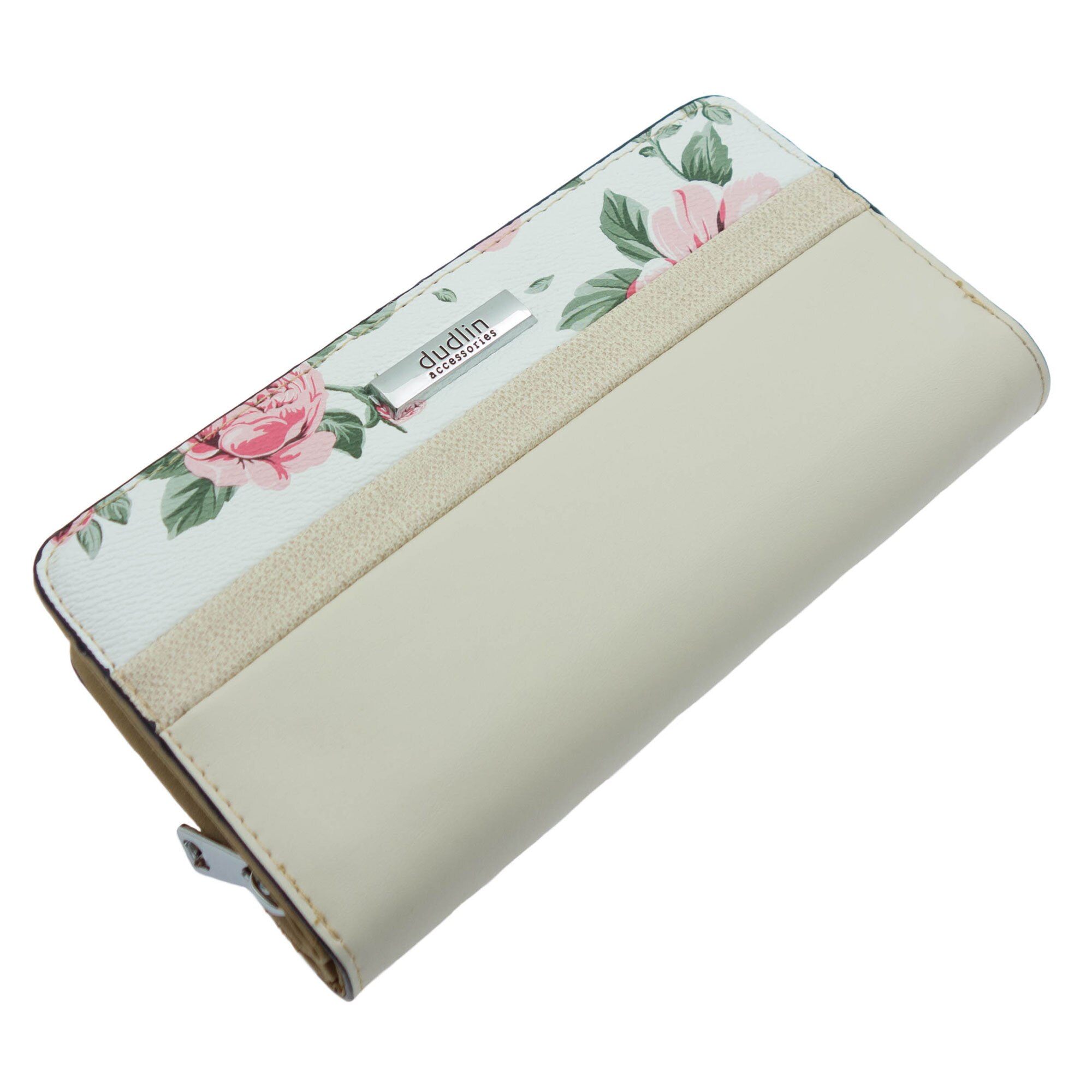 Portofel de dama, Dudlin, din piele ecologica, 19 x 10 x 3.5 cm, Crem cu floricele - PR393