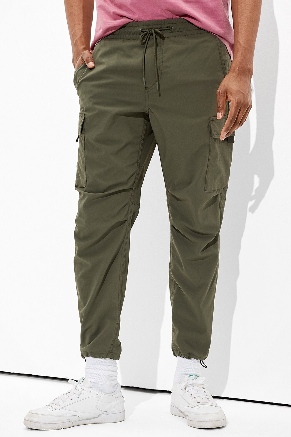 American Eagle, Pantaloni cargo cu snur in talie, Verde forest, S