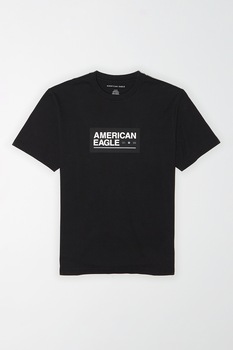 American Eagle, Tricou cu decolteu la baza gatului si imprimeu logo, Negru/Alb