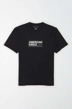 American Eagle, Tricou cu decolteu la baza gatului si imprimeu logo, Negru/Alb American Eagle, Tricou cu decolteu la baza gatului si imprimeu logo, Negru/Alb