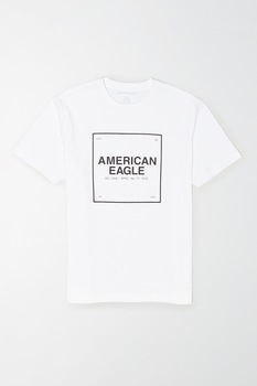 American Eagle, Tricou cu decolteu la baza gatului si imprimeu logo, Alb optic/Negru