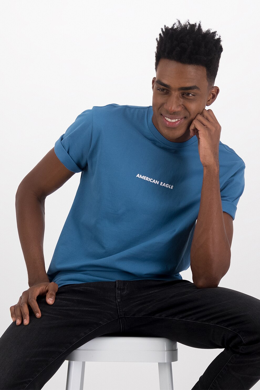 American Eagle, Tricou cu decolteu la baza gatului de bumbac, albastru inchis/alb