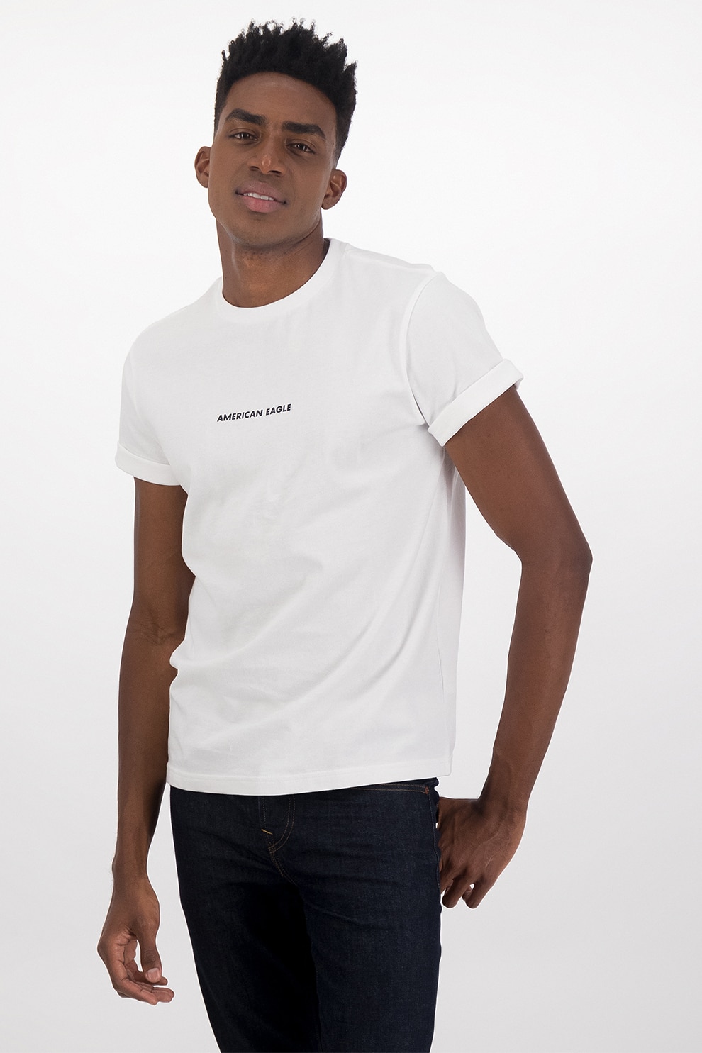 American Eagle, Tricou cu imprimeu logo, Alb optic/Negru