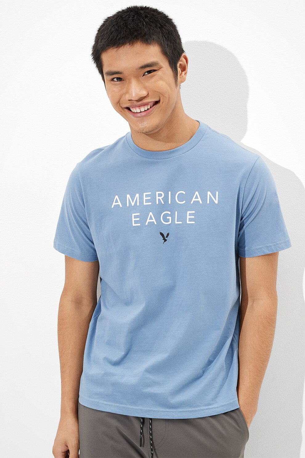 American Eagle, Tricou cu imprimeu logo, albastru azur, alb