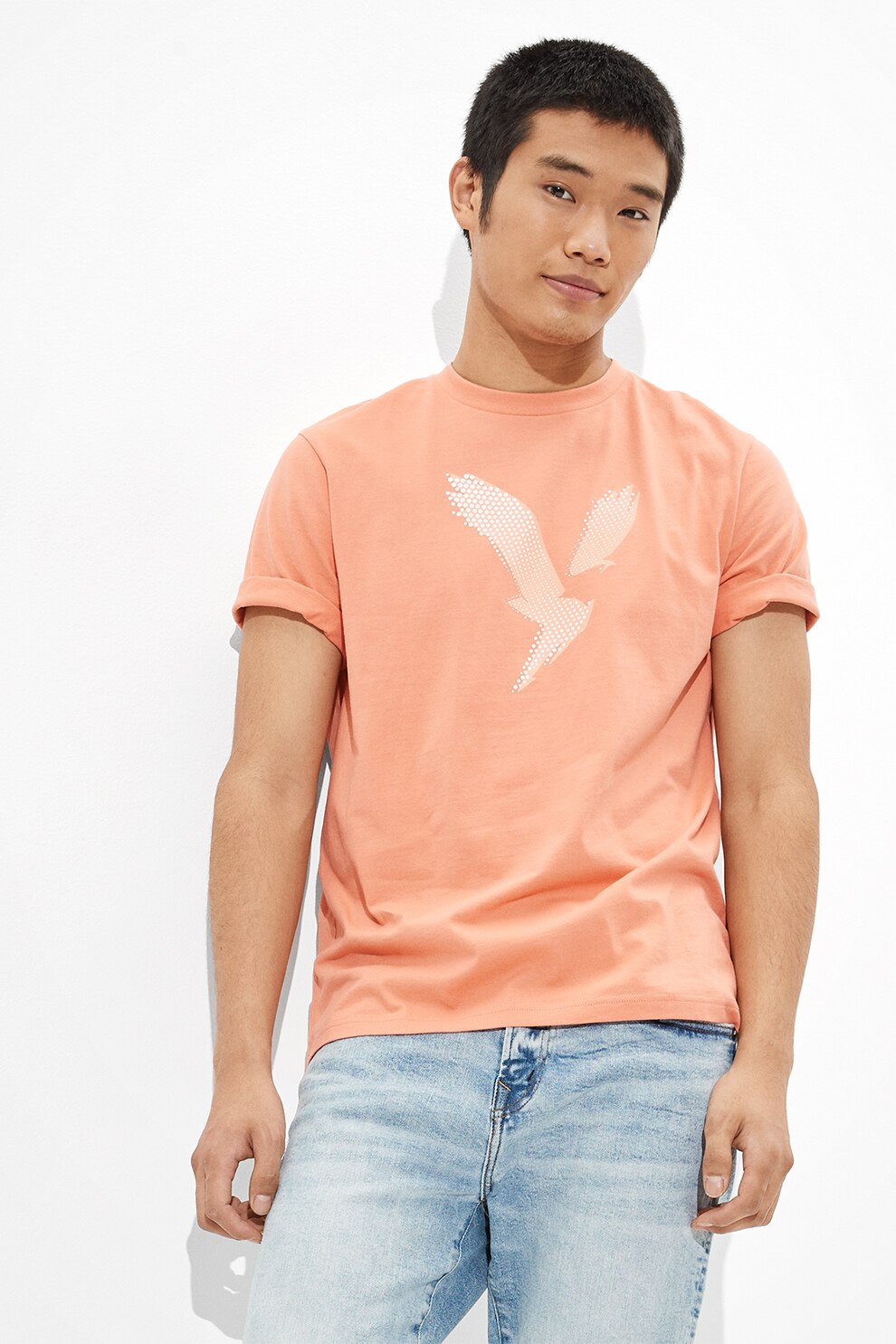 American Eagle, Tricou cu imprimeu logo, Roz somon/Alb