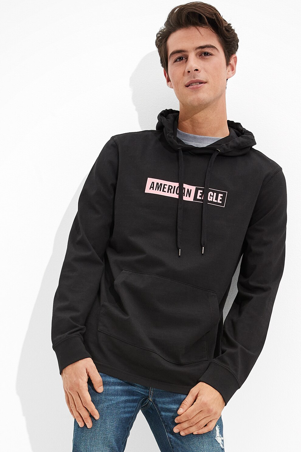 American Eagle, Hanorac cu buzunar kangaroo, Negru/Roz pastel, 2XL